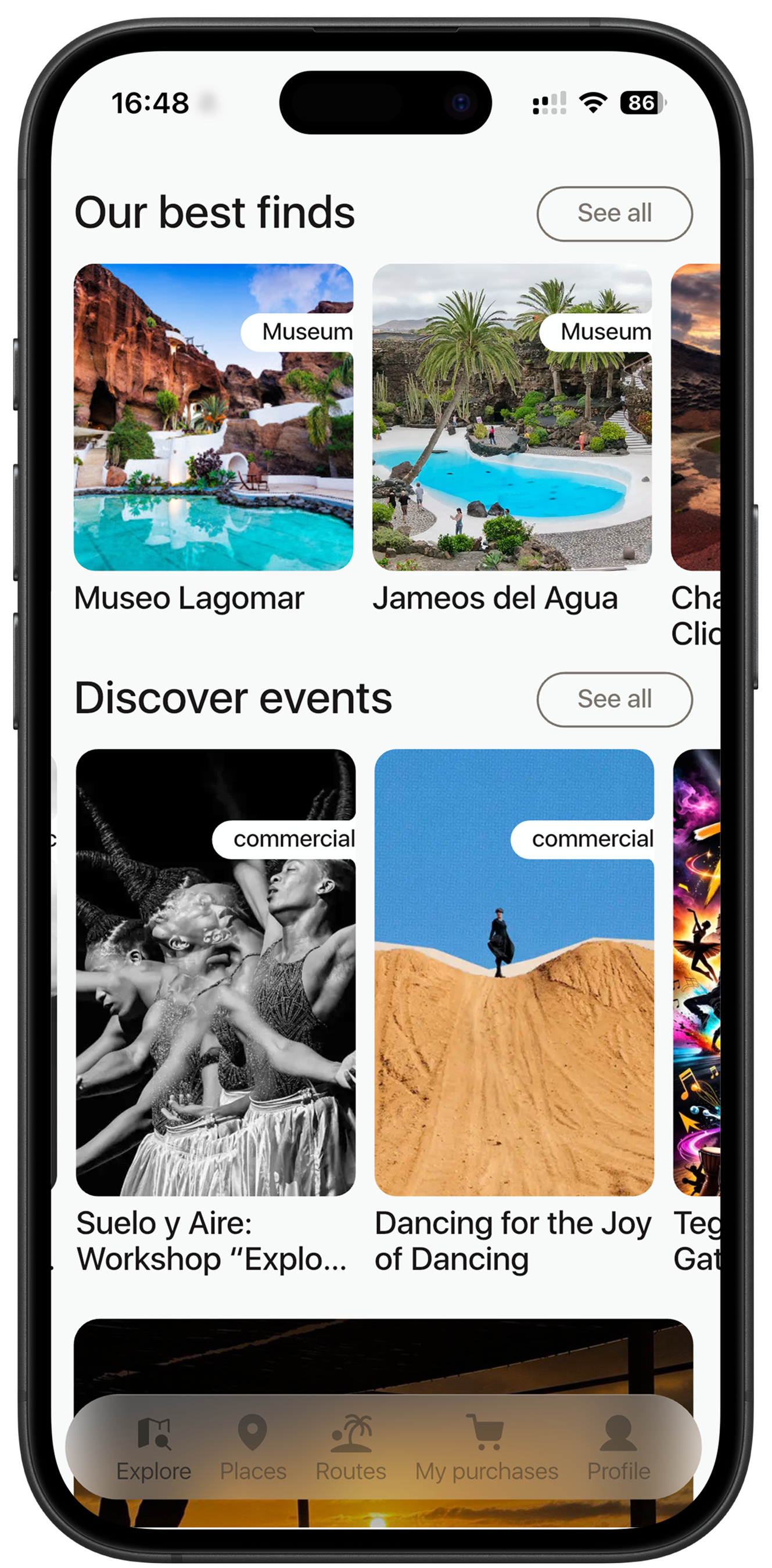 Vidodo Guide app — pantalla principal con lugares y eventos de Lanzarote